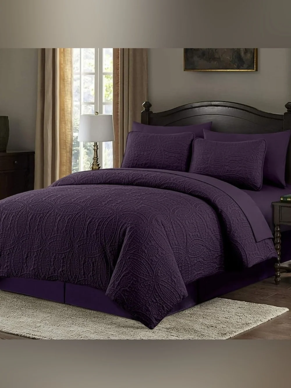 Plush Quilted Queen 3 piece Bedspread Set in Deep Purple